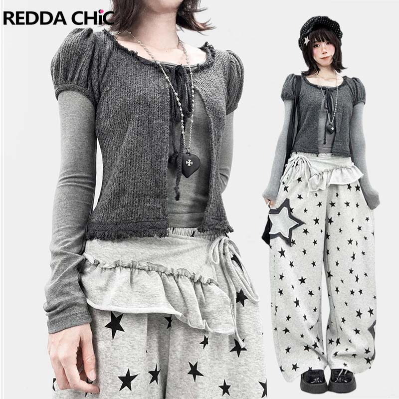 Bandage - REDDACHiC เสื้อคาร์ดิแกนแขนพอง ชุดเซ็ตสองชิ้นสำหรับผู้หญิง สไตล์เกาหลี สีเทา ดีไซน์ผ้ารัดรูป