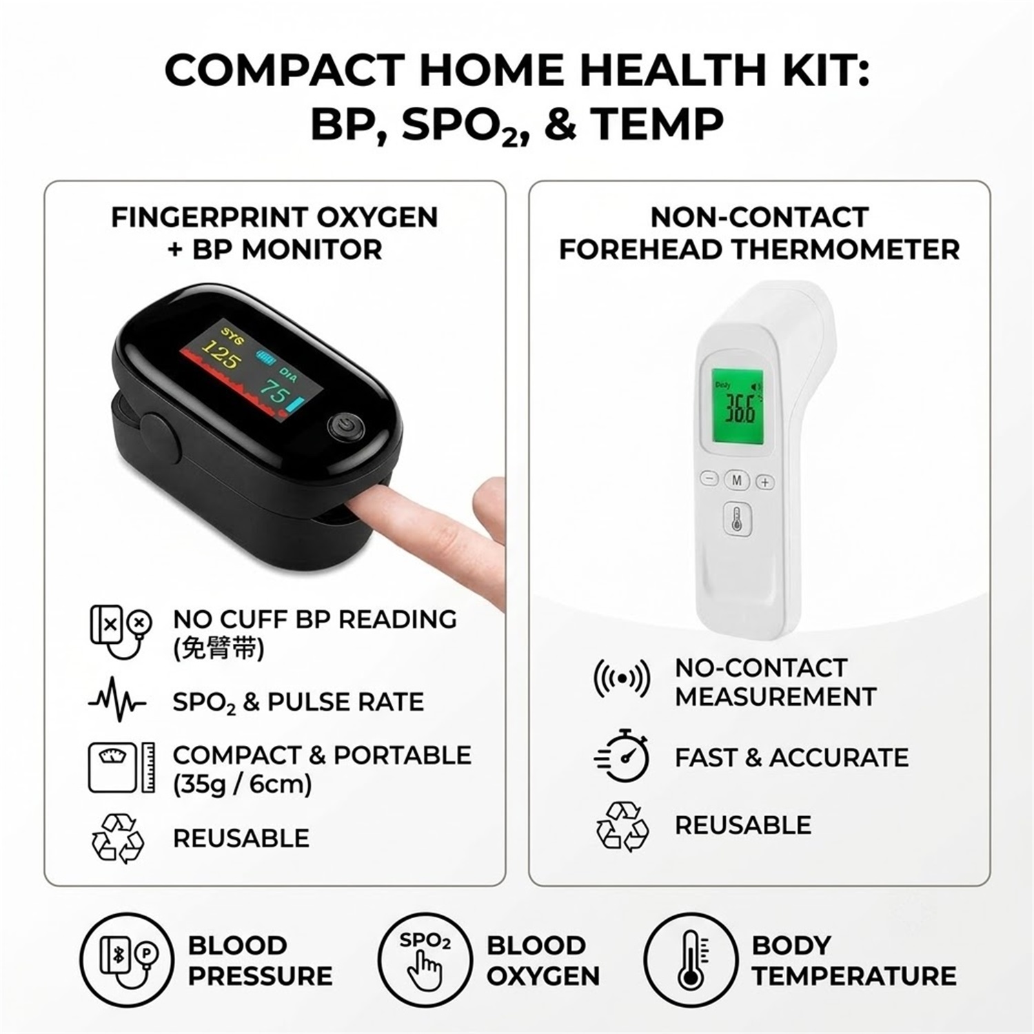 Pulse Oximeter - เครื่องวัดอุณหภูมิร่างกายแบบอินฟราเรด ไม่ต้องสัมผัส สำหรับวัดไข้ หรือ เครื่องวัดออกซิเจนในเลือด 2IN1