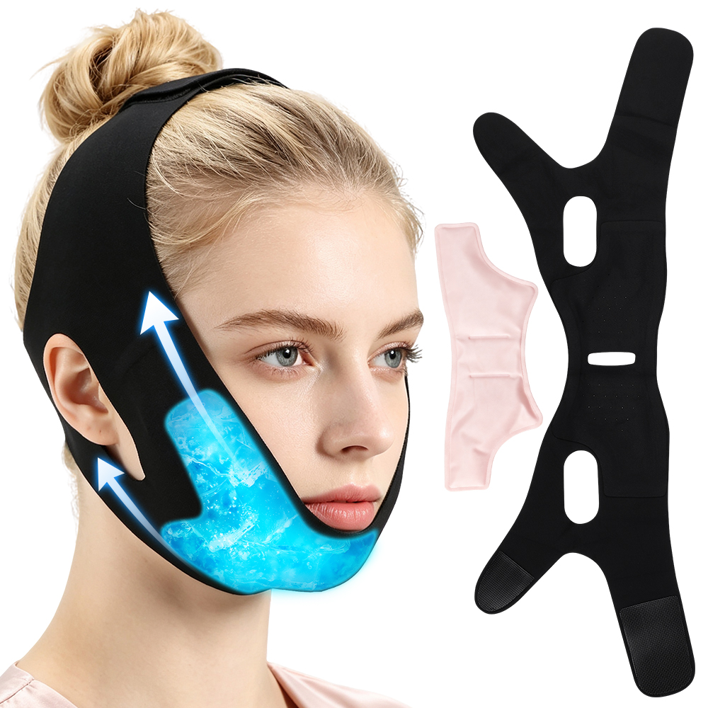 Surgical Mask - แผ่นประคบเย็นสำหรับใบหน้า พร้อมแผ่นเจลร้อนเย็นแบบใช้ซ้ำได้ สายรัดกรามรูปตัววี บรรเทาอาการบวม สายรัดยกกระชับหลังการผ่าตัดฟันคุด สีดำ