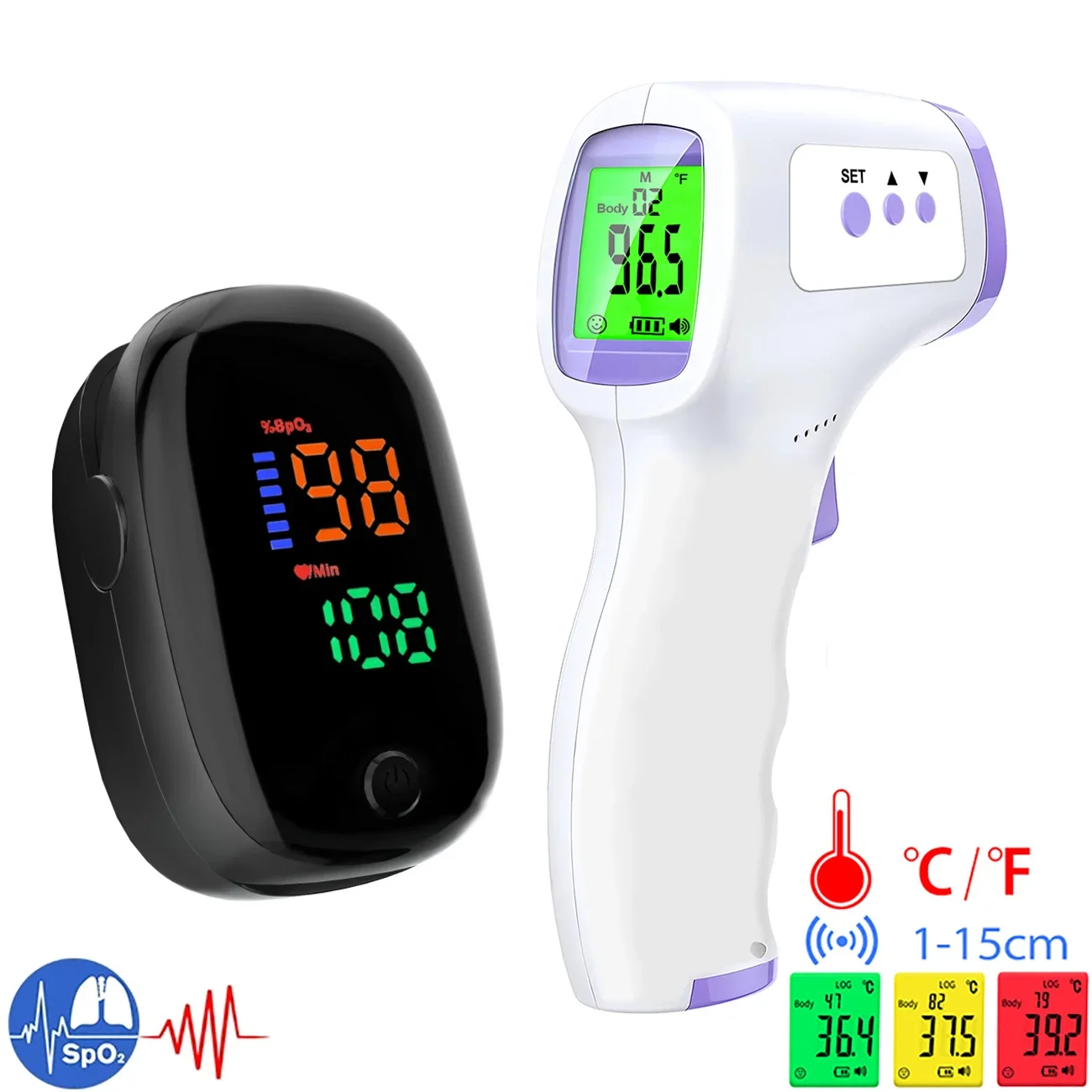 Pulse Oximeter - เครื่องวัดอุณหภูมิร่างกายแบบอินฟราเรดทางการแพทย์ จอ LED ดิจิทัล มีไฟแบ็คไลท์ วัดอุณหภูมิแบบไม่สัมผัส